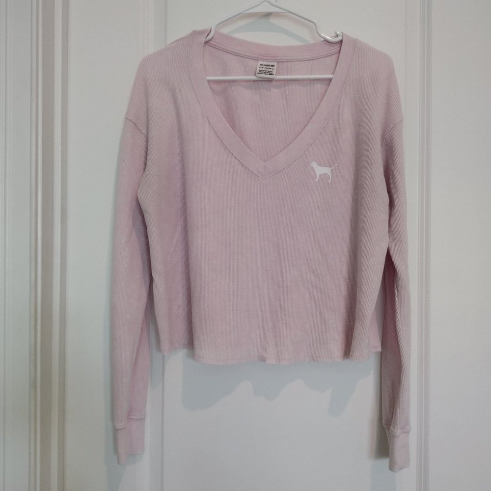 PINK Victoria's Secret oversized pink waffle cropped long-sleeve top, XS - Picture 1 of 5